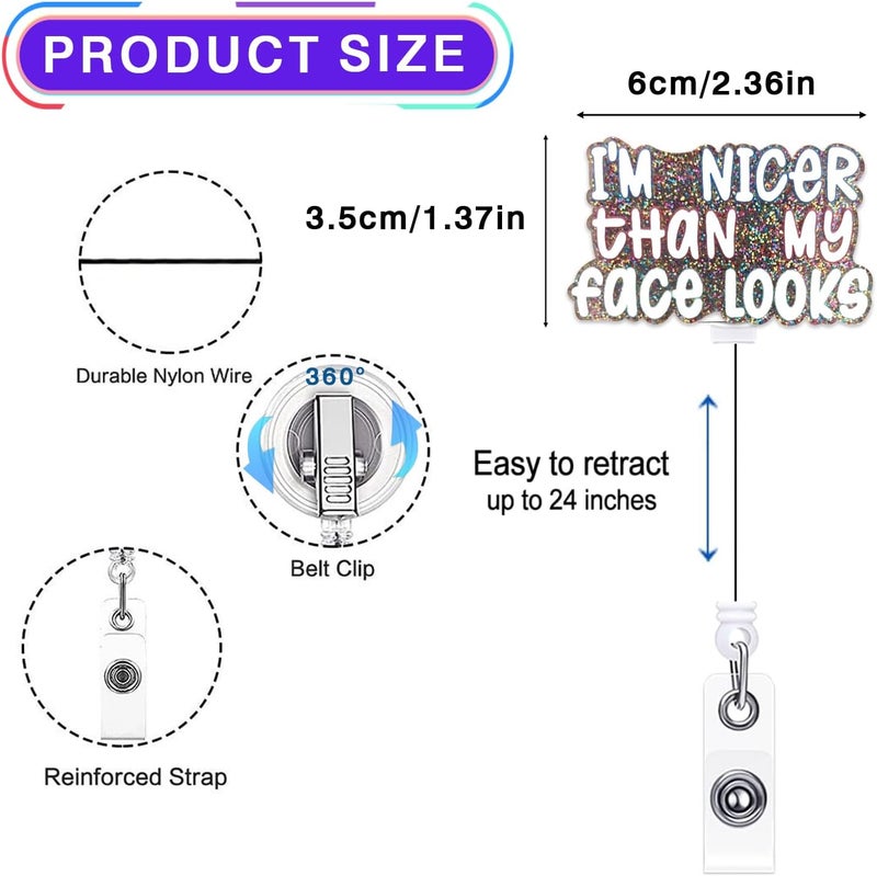 LEBEIGHT I'm Nicer Than My Face Looks Glitter Badge Reel Retractable, Funny Nurse Badge Accessories, ID Badge Holder with Alligator Clip & 24” Durable Nylon Cord for Nurse Nursing RN CNA LPN & Medical Worker - Image 2